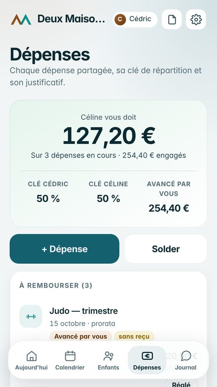 Les dépenses partagées et le solde entre les deux parents.